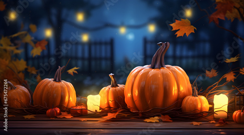 Thanksgiving background with pumpkins and candles. 3d illustration.