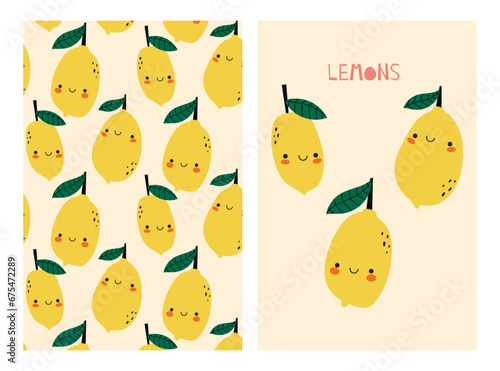 set of cards design and seamless patterns with cute fresh lemons . Summer print with Lemon. Cute print for fabric or wallpaper. Cute fruit character illustration