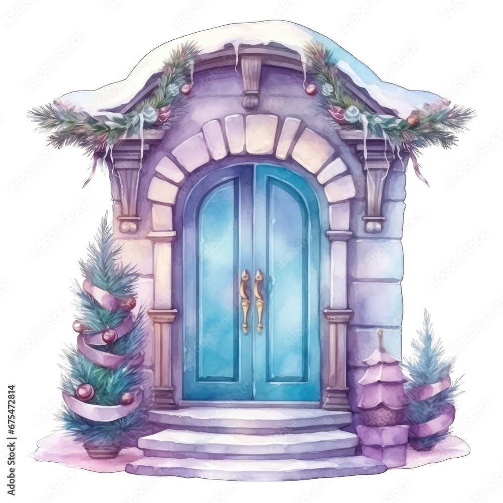 Purple and teal door decorated for Christmas holiday, isolated