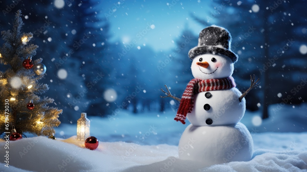3D Winter Christmas Background with Snowman: Bring the magic of the season to your designs with a snowman set in a snowy winter landscape.
