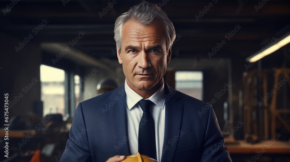 Portrait of mature businessman, supervisor with industrial plants, factory management