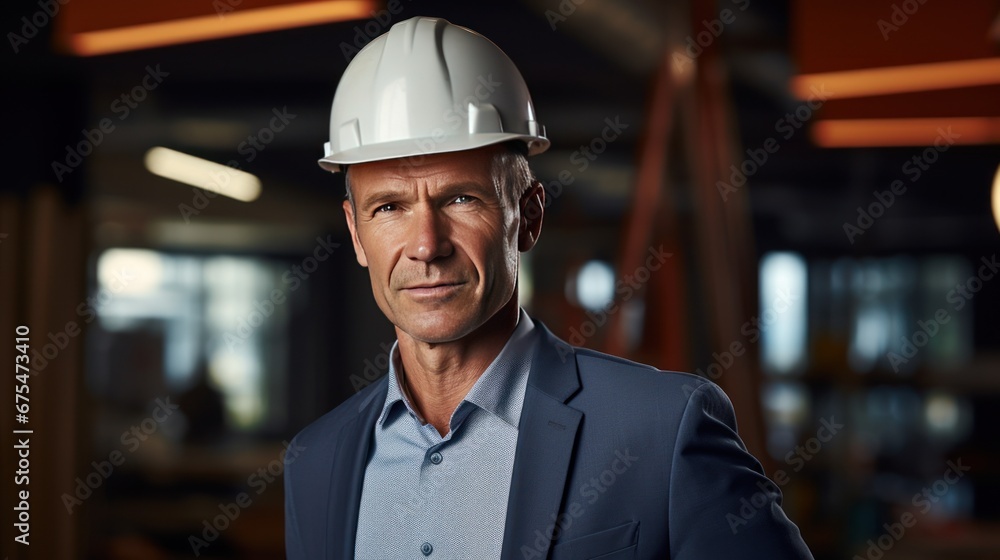 engineering professional looking at camera,Portrait of mature businessman wearing hardhat in office engineering professional looking at camera,Portrait of mature businessman wearing hardhat in office
