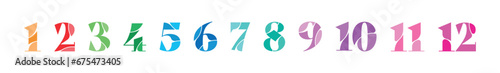 dashed numbers 1-12 on a white background. truncated numbers 1-12. 12 steps 1-12 numbers