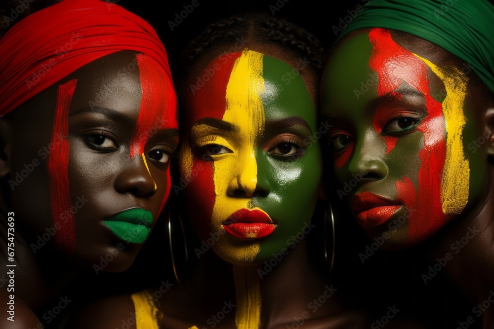 red green yellow, three beautiful african women with colors painted on their faces,Black History Month, Africa, racial equality, civil and justice racism and discrimination red green yellow, three beautiful african women with colors painted on their faces,Black History Month, Africa, racial equality, civil and justice racism and discrimination