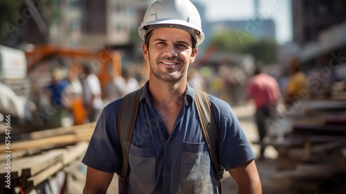 Portrait. Beautiful, smiling worker looking at camera with blurred construction site