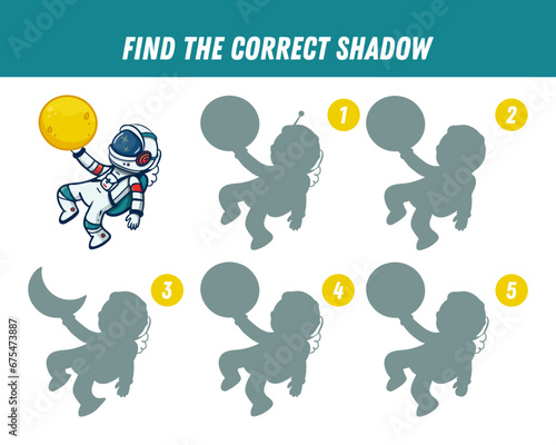 Find correct shadow of astronaut and moon. Educational logical game for kids. Cartoon cosmonaut. Vector illustration