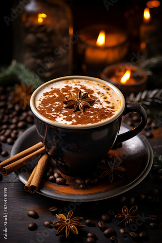 A cup of spicy coffee with foam and cinnamon