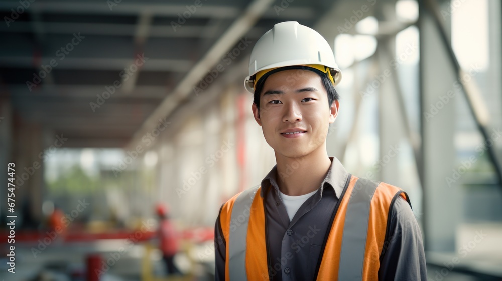 Portrait. Young Asian worker, smiling looking at camera with blurred construction site. Portrait. Young Asian worker, smiling looking at camera with blurred construction site.