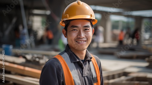 Portrait. Young Asian worker, smiling looking at camera with blurred construction site.