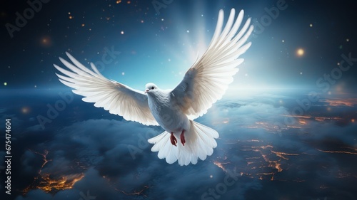 White dove flying above planet earth created with Generative AI