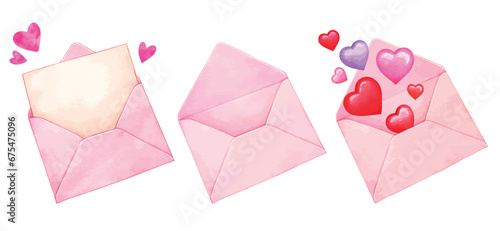 open envelope with hearts watercolor vector for Valentine and love designs. romantic envelope with a letter and hearts vector illustration