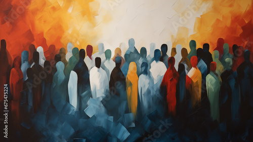 Painting of Abstract Shapes Representing Diverse Crowd of People. Diversity, Equity, Inclusion and Belonging.