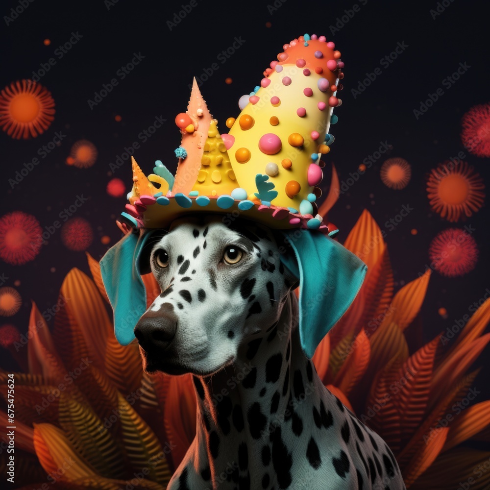 A dalmatian dog wearing a birthday hat