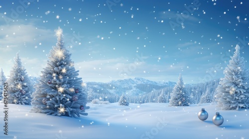 Immerse in 3D Winter Magic: Our Christmas background features a stunning Christmas tree adorned with garlands and balls in a snowy landscape. Perfect for New Year's and Xmas celebrations.