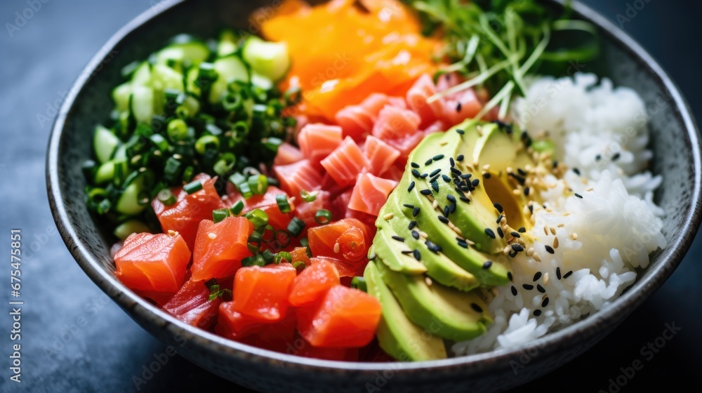 A bowl filled with rice, avocado, tomatoes, cucumber, and other vegetables A bowl filled with rice, avocado, tomatoes, cucumber, and other vegetables