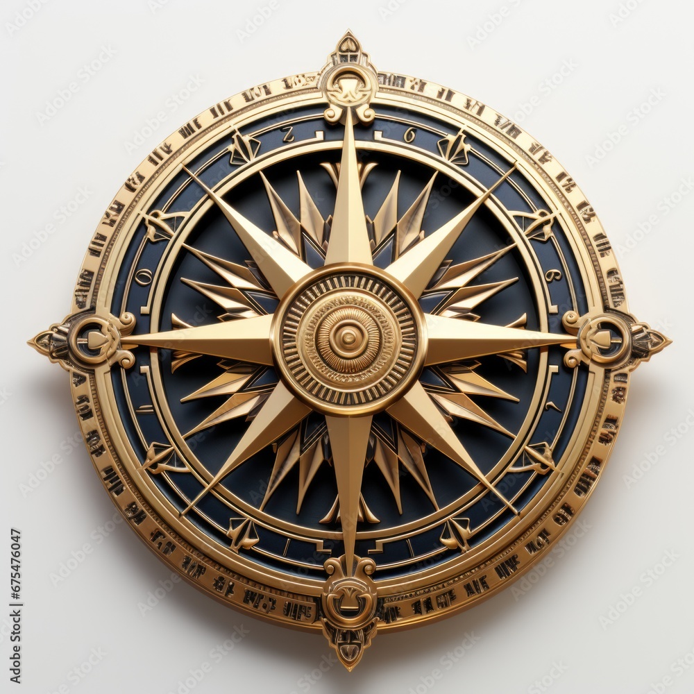 A gold and blue compass clock on a white wall