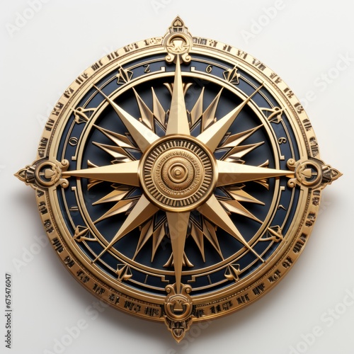 A gold and blue compass clock on a white wall