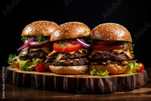 Three beef burgers with sauce on wooden cutting board