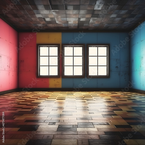 Big and empty room with colored walls