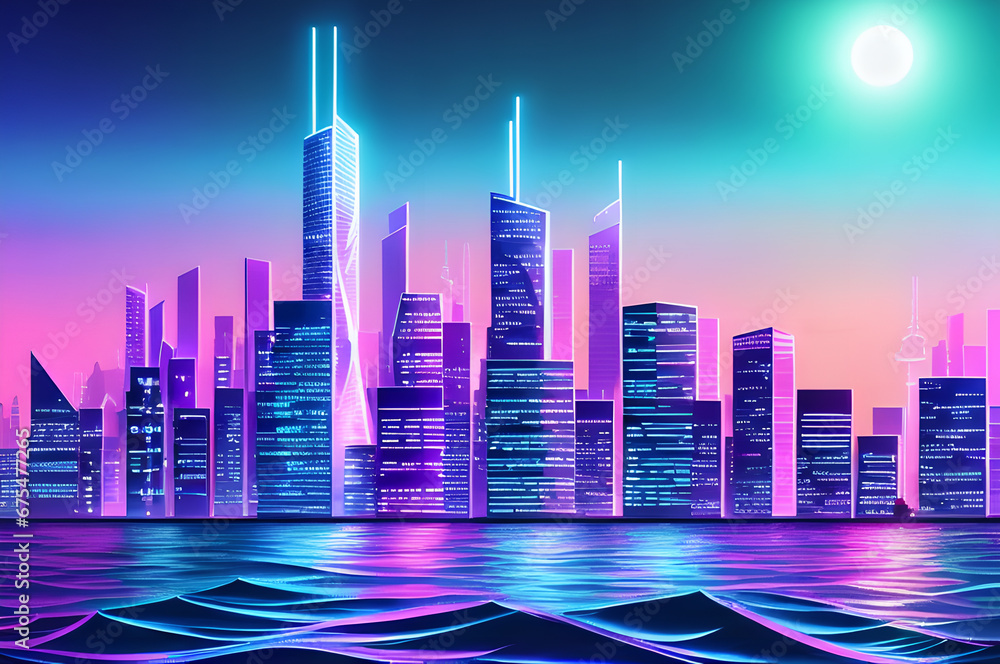 Synthetic wave, cyber wave in futuristic cyberpunk style, neon city at night near the beach, generative AI