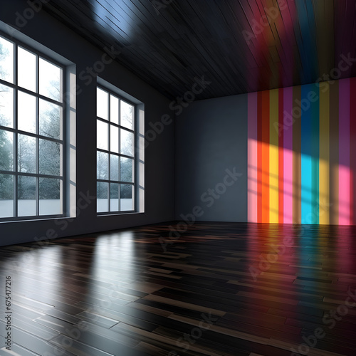 aesthetic, empty room with large windows and a colored striped wall