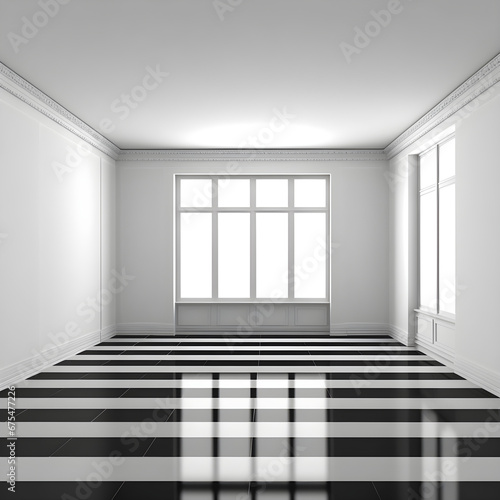 large and empty room with striped floor in black and white