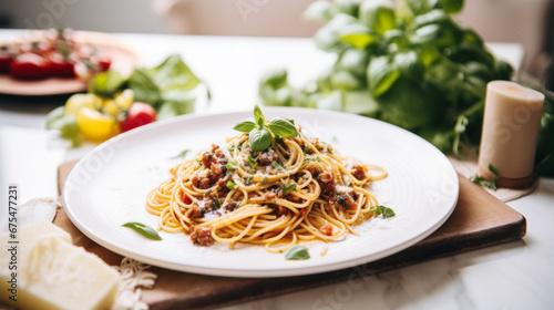 Italian spaghetti on a kitchen table