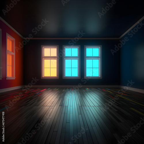 Big, empty room with large windows where colored light shines through 
