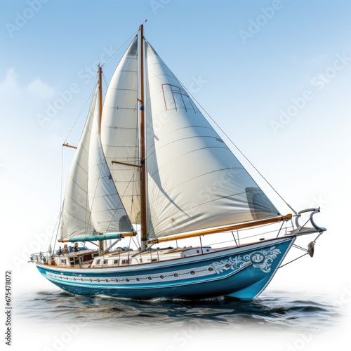 A sailboat with white sails on a body of water