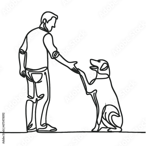 Man high-fiving dog in continuous line art drawing style. Pet and people friendship. Black linear sketch isolated on white background. Vector illustration