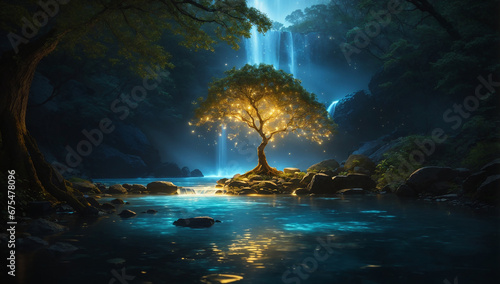 Fotografia Amidst a tranquil forest, a solitary tree of life stands beneath a waterfall of