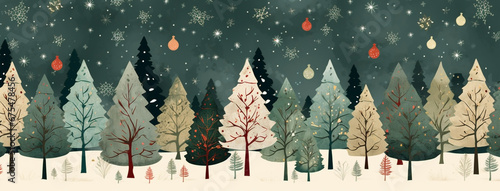 Beautiful wide horizontal Xmas banner background illustration with Christmas trees and snow in winter