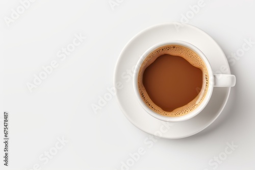Cup of coffee on light stone background. Copy space, horizontal banner, top view