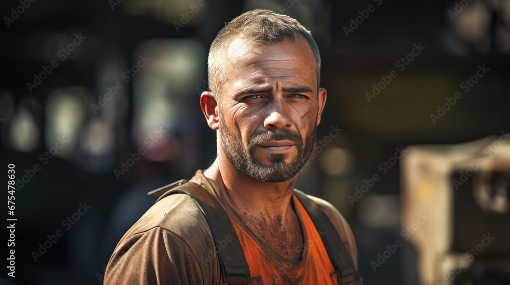 Male worker, face without beard, worker working hard at construction site Male worker, face without beard, worker working hard at construction site