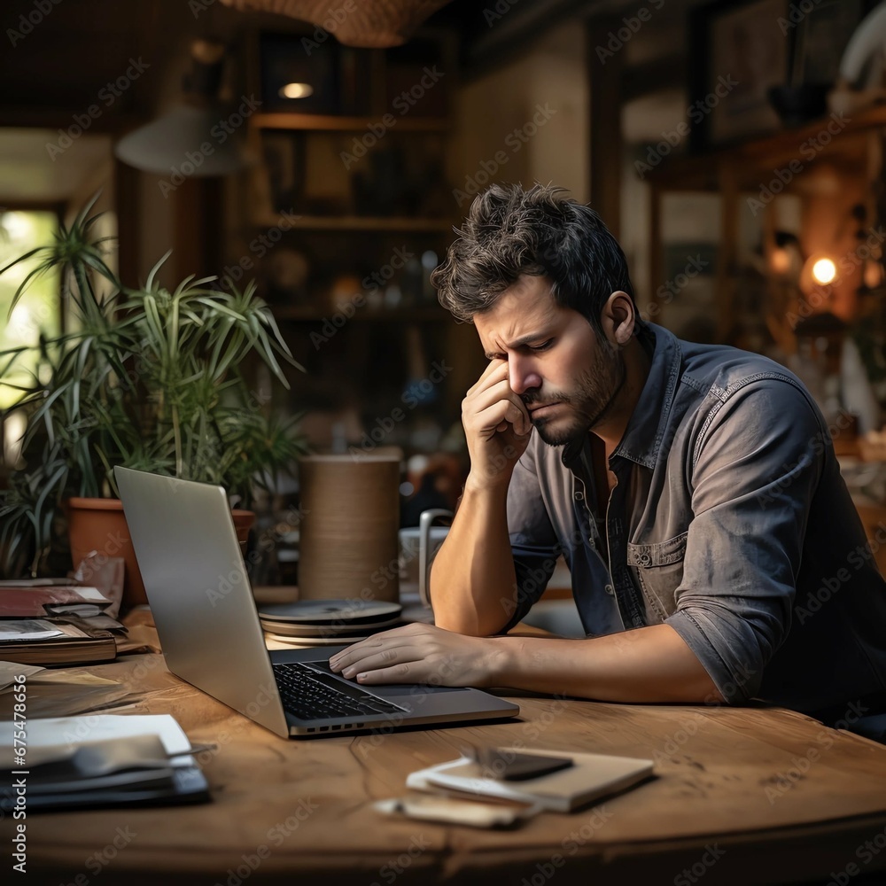 Headache, stress and burnout at home, young man suffering from fatigue and exhaustion. Frustrated, failing small business owner annoyed and under pressure from a heavy workload while working remotely Headache, stress and burnout at home, young man suffering from fatigue and exhaustion. Frustrated, failing small business owner annoyed and under pressure from a heavy workload while working remotely