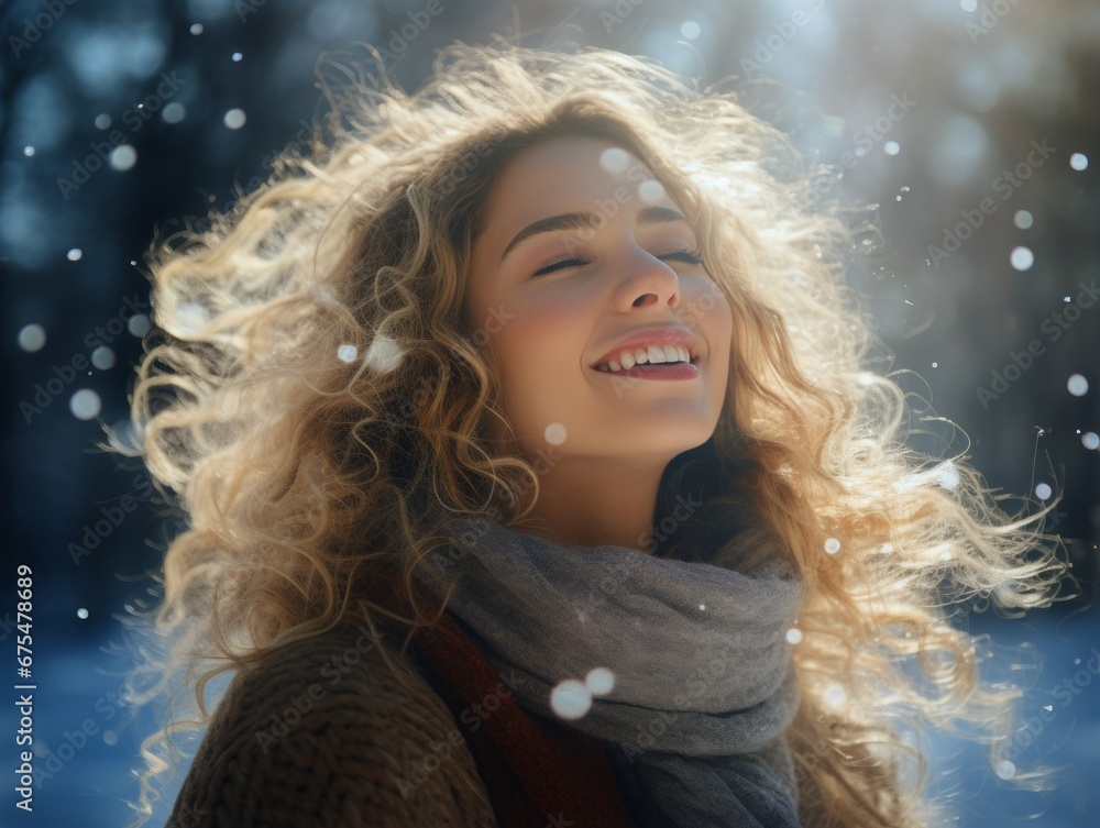 Winter joyful beauty girl having fun outdoors in winter park under decorated Christmas tree