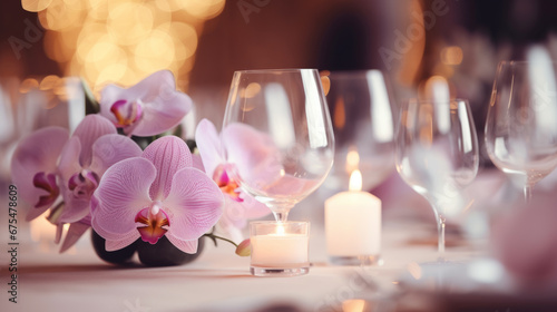 Beautiful outdoor table setting with flowers and candles