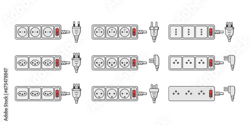 power outlet plug extension strip world standards french sweiss set vector flat illustration