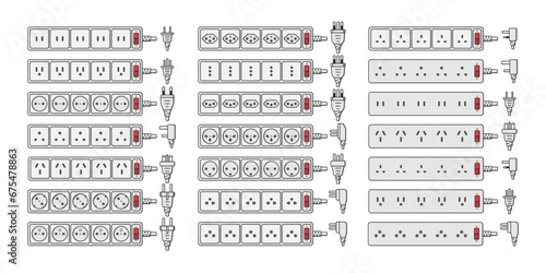 power outlet plug extension strip world standards set vector flat illustration