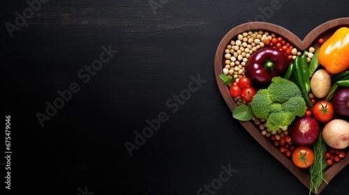 A heart shaped wooden plate filled with assorted fruits and vegetables, vegan January challenge. photo