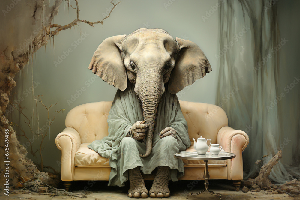 Big elephant ssitiing on a sofa, animal concept, metaphorical idiom for important or enormous topic - obrazy, fototapety, plakaty 