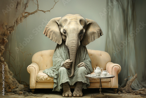 Big elephant ssitiing on a sofa, animal concept, metaphorical idiom for important or enormous topic photo