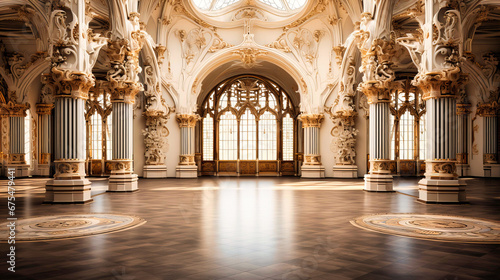 Elegant interior of a grand hall with ornate decorations © MDRAKIBUL