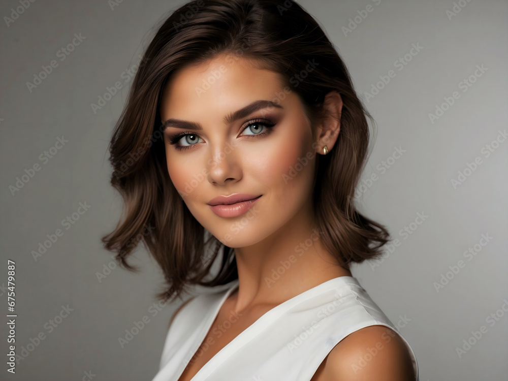 Portrait of gorgeous brunette female model smiling, fashion and lifestyle concept background, people template Portrait of gorgeous brunette female model smiling, fashion and lifestyle concept background, people template