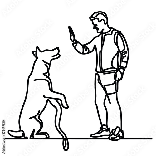 Fototapeta Naklejka Na Ścianę i Meble -  Man high-fiving dog in continuous line art drawing style. Pet and people friendship. Black linear sketch isolated on white background. Vector illustration