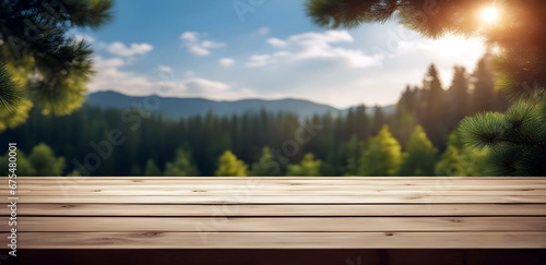 Product presentation with nature background in Wooden table