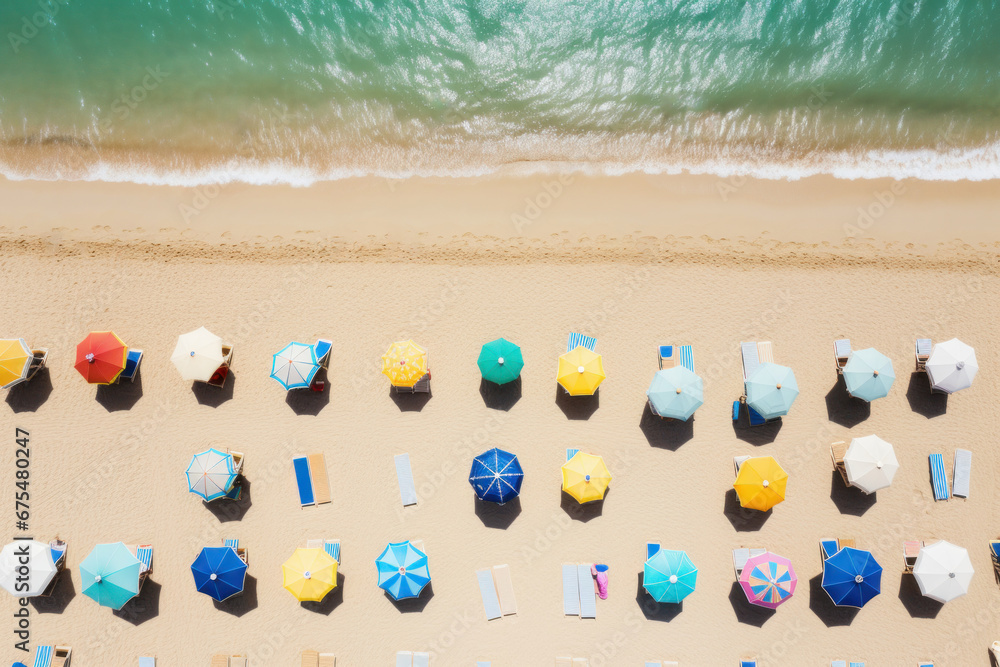 Aerial view of beach with lounge chairs and umbrellas Aerial view of beach with lounge chairs and umbrellas