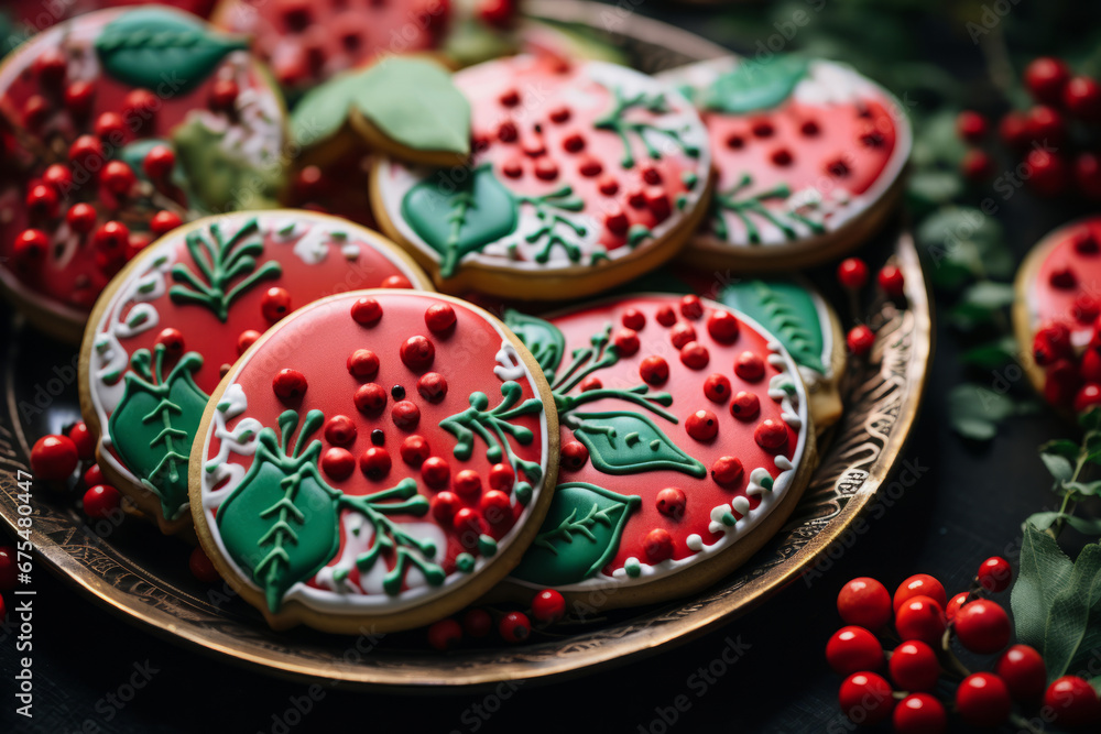 Winter berries sugar cookies with red and green icing. Delicious gingerbread Christmas cookies. Generative AI
