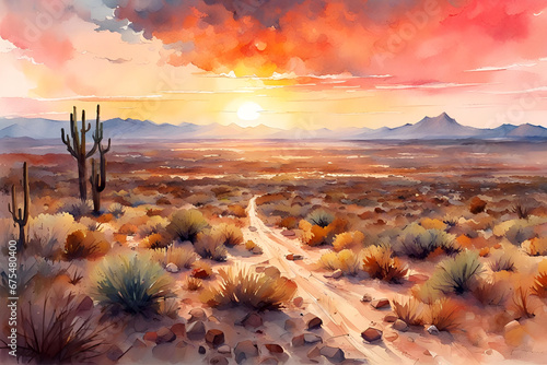 Watercolor painting of the Chihuahuan Desert at sunset