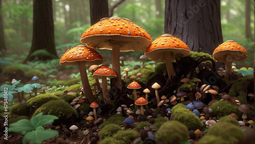 Among the dense, ancient trees of the forest, a vibrant world of mushrooms and mycology unfolds - AI Generative